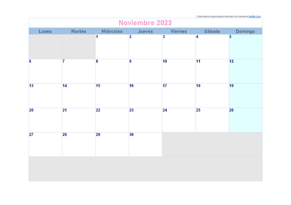Calendario Noviembre 2023 Para Imprimir | Word