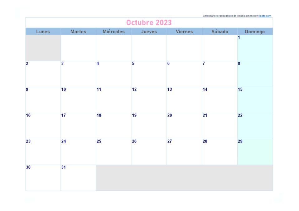 Calendario Octubre 2024 en Word