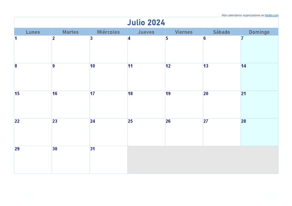 Calendario Julio 2024 en Word
